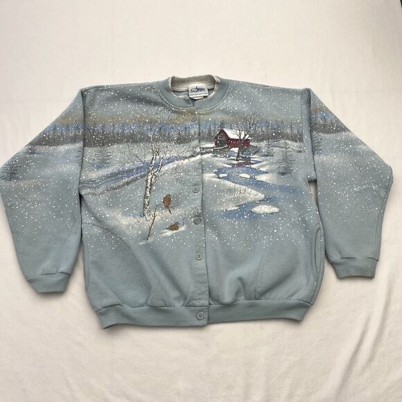 Vintage Artisans Sunschein Designs Cardigan Sweatshirt Grandma Blue Size Large - Picture 1 of 11